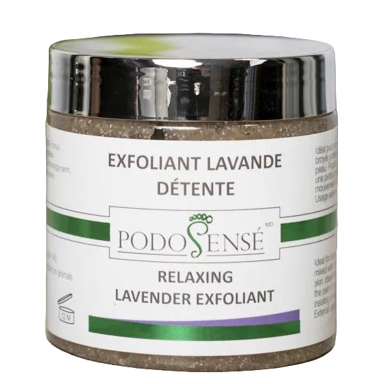 Gel exfoliant détente Lavande & Cyprès PodoSensé 225 ml — exfoliant naturel aux noyaux d'abricot pour pieds et jambes lourdes