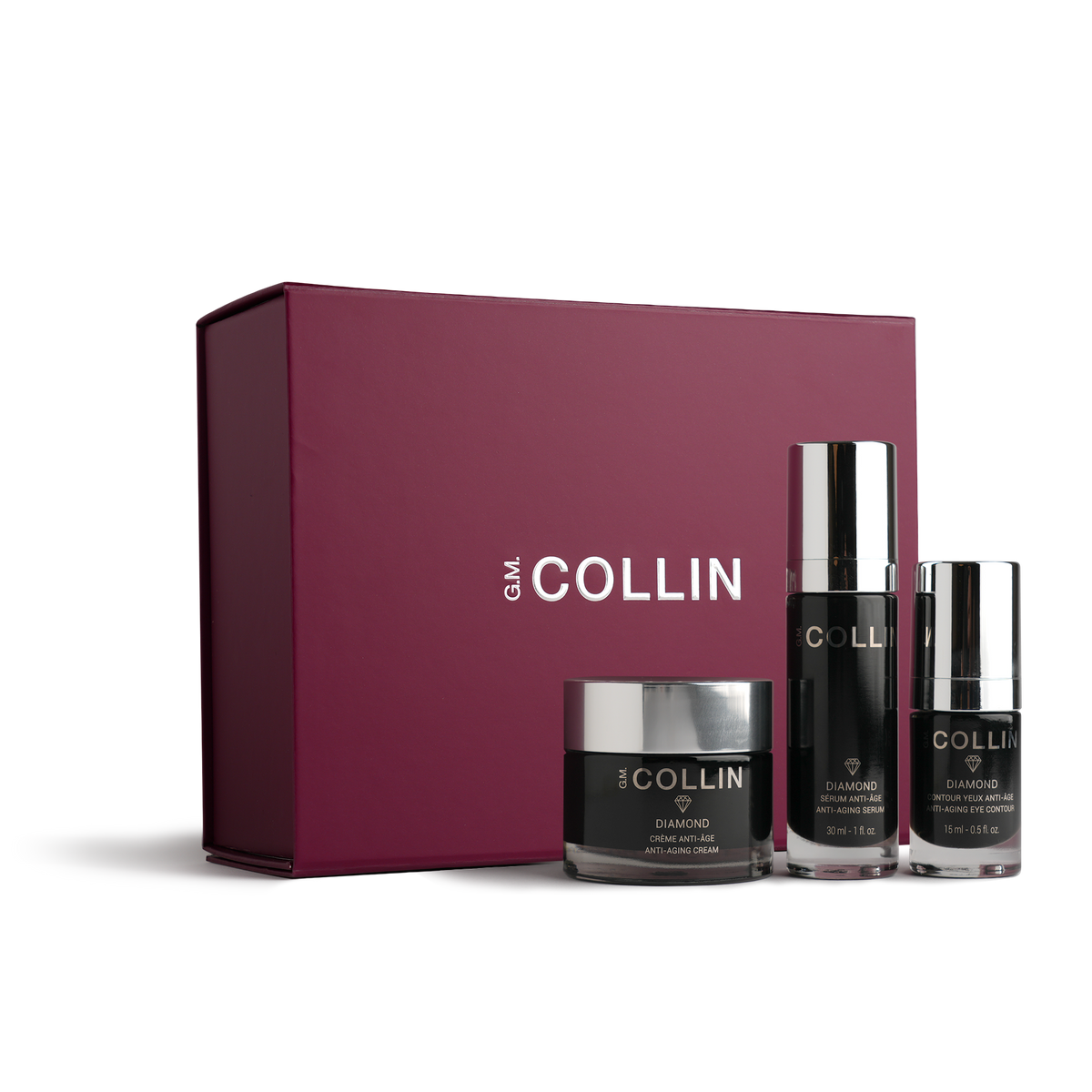 Coffret des fêtes Diamond G.M. Collin comprenant un sérum, une crème et un soin contour des yeux, offert au Spa Santé Le Nénuphar