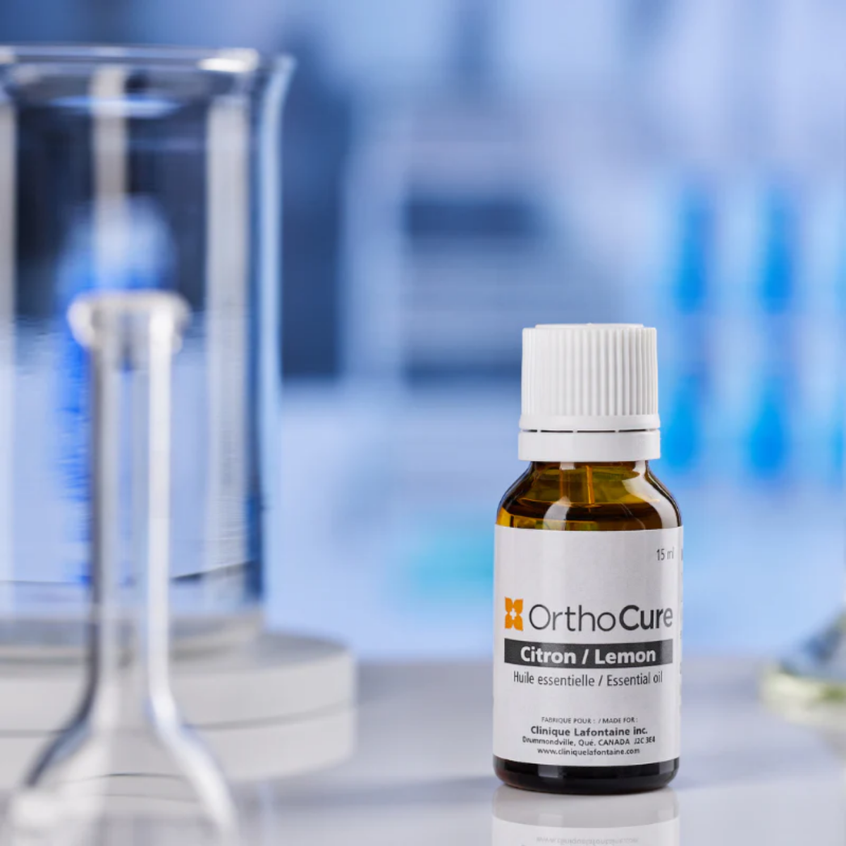 Huile essentielle de citron 15 ml OrthoCure Clinique Lafontaine — détail étiquette — Spa Santé Le Nénuphar