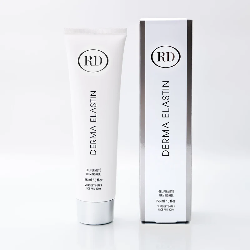 Derma Elastin 156 ml RD Cosmetic — tube et boîte packaging argenté gel fermeté visage et corps — Spa Santé Le Nénuphar