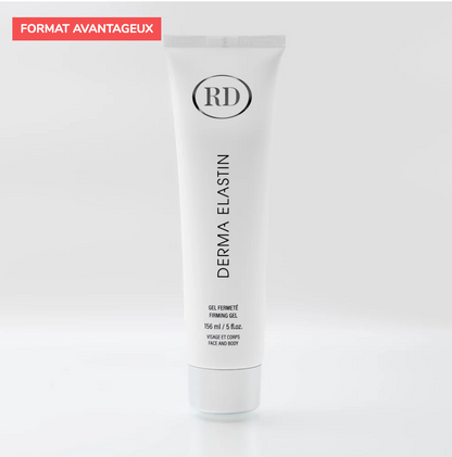 Derma Elastin 156 ml RD Cosmetic — tube et boîte packaging argenté gel fermeté visage et corps — Spa Santé Le Nénuphar

