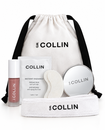L'ensemble Must-Have de G.M. Collin comprenant une huile lèvres, un patch yeux, un miroir, un bandeau et un sac essentiel disponible au Spa Santé Le Nénuphar.