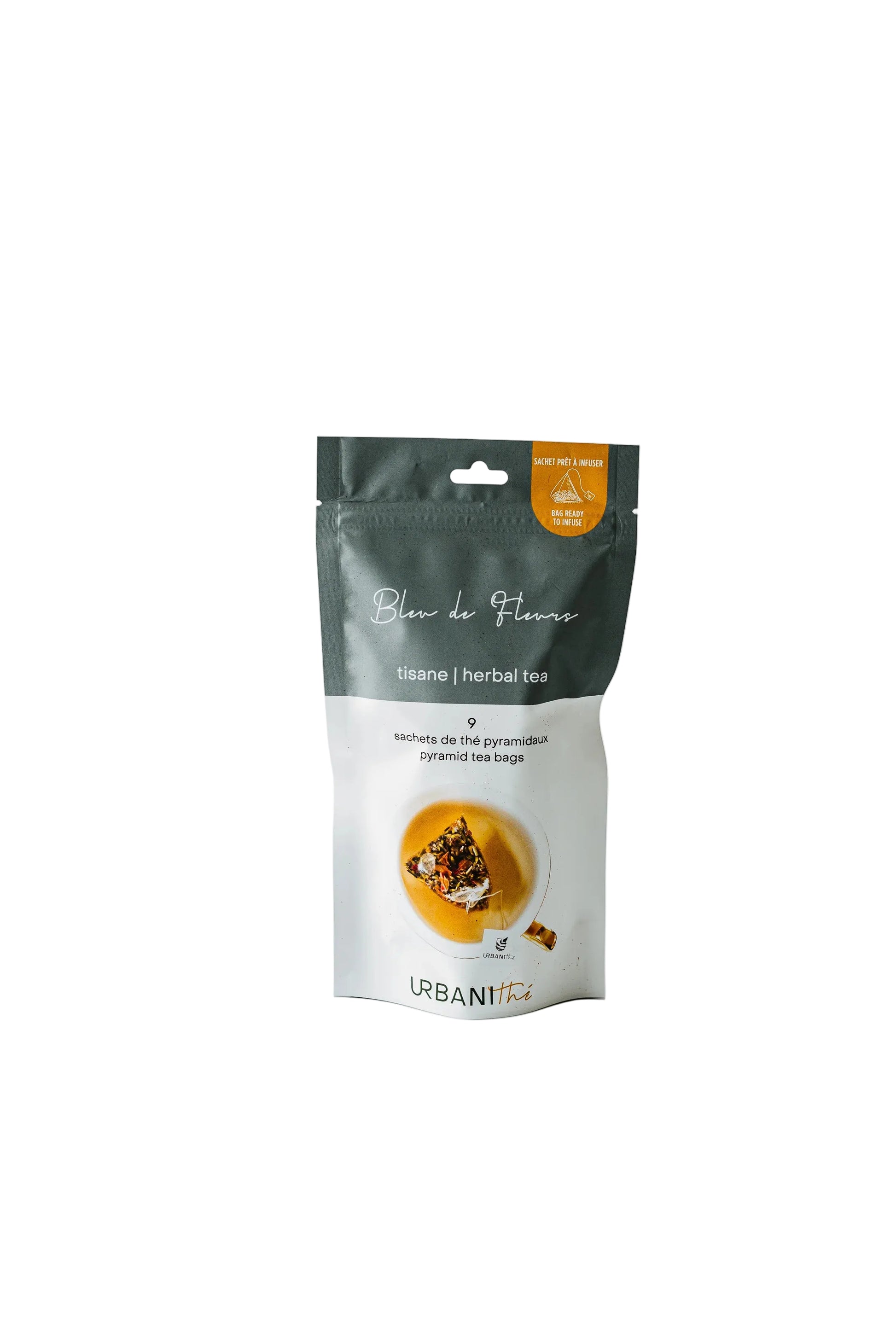 Emballage debout Bleu de Fleurs Urbanithé tisane sans théine 9 sachets pyramidaux 27g, fond blanc