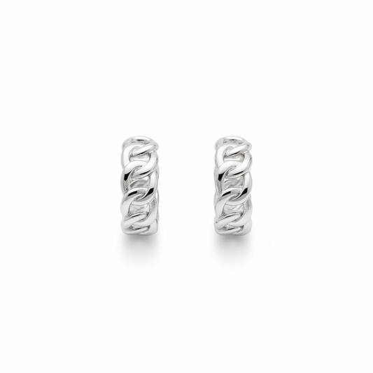 Boucles d'oreilles Queen Caroline Néron — mini créoles chaîne maille argent rhodium — Spa Santé Le Nénuphar