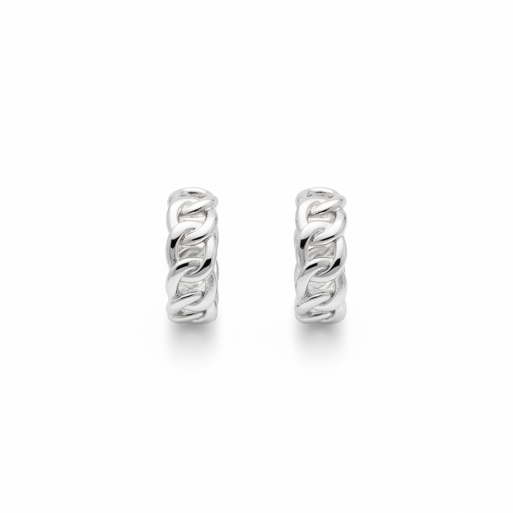 Boucles d'oreilles Queen Caroline Néron — mini créoles chaîne maille argent rhodium — Spa Santé Le Nénuphar