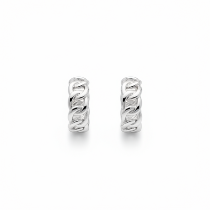 Boucles d'oreilles Queen Caroline Néron — mini créoles chaîne maille argent rhodium — Spa Santé Le Nénuphar