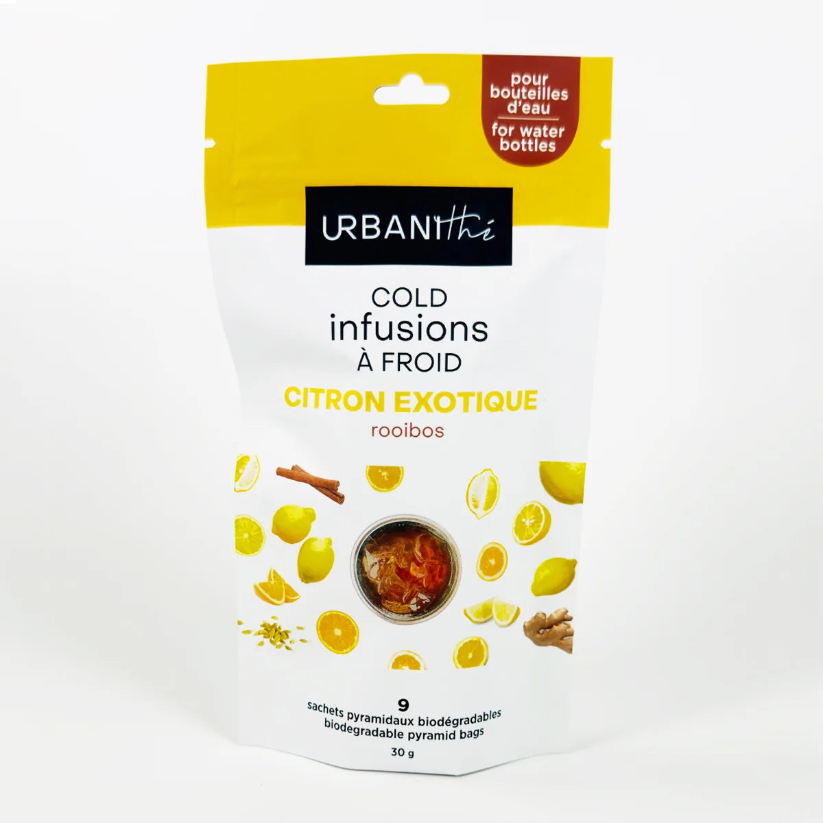 Emballage debout Citron Exotique Urbanithé Cold Infusions À Froid — 9 sachets pyramidaux rooibos bio, fond blanc