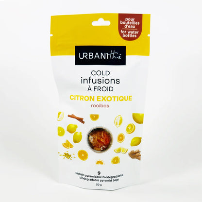 Emballage debout Citron Exotique Urbanithé Cold Infusions À Froid — 9 sachets pyramidaux rooibos bio, fond blanc