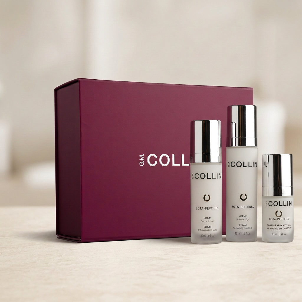 Coffret Bota-Peptides G.M. Collin avec boîte bordeaux, sérum 30 ml, crème 50 ml et contour des yeux 15 ml sur fond ivoire — Spa Santé Le Nénuphar