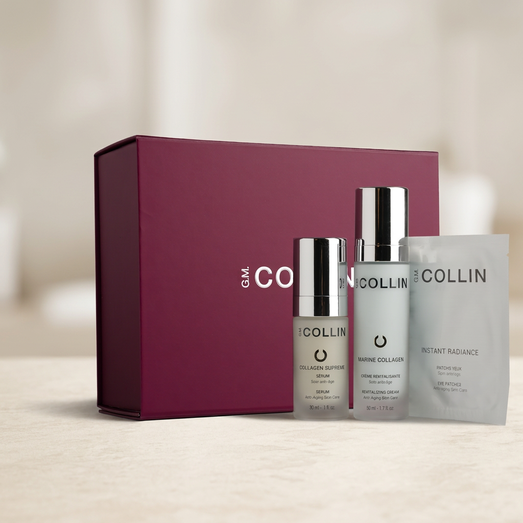 Coffret Collagen G.M. Collin avec boîte bordeaux, sérum Collagen Supreme, crème Marine Collagen et patchs yeux Instant Radiance sur fond ivoire — Spa Santé Le Nénuphar
