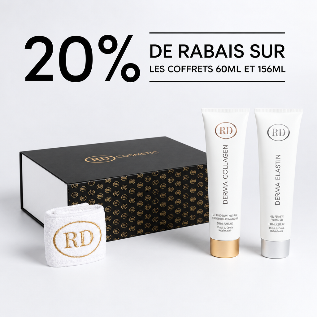 Coffret RD Cosmetic Derma Collagen et Derma Elastin avec bandeau offert, formats 60 ml et 156 ml, Spa Santé Le Nénuphar