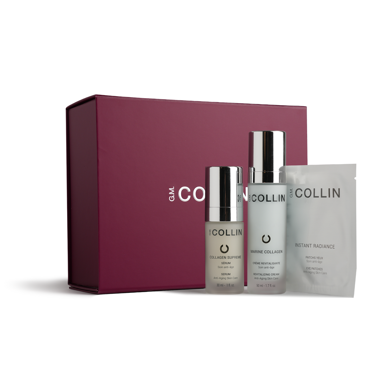 Coffret des Fêtes Collagen de G.M. Collin comprenant un sérum, une crème revitalisante et une paire de patchs pour les yeux, au Spa Santé Le Nénuphar,