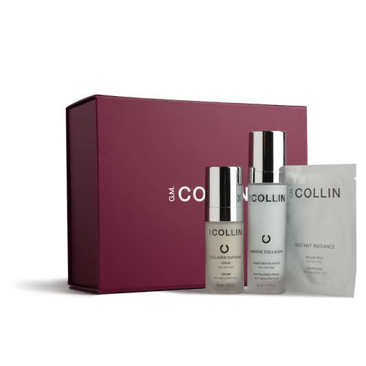 Coffret des Fêtes Collagen de G.M. Collin comprenant un sérum, une crème revitalisante et une paire de patchs pour les yeux, au Spa Santé Le Nénuphar,