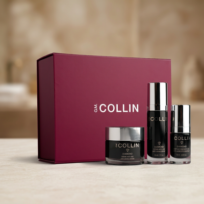 Coffret Diamond G.M. Collin avec boîte bordeaux, sérum 30 ml, crème 50 g et contour des yeux 15 ml sur fond ivoire — Spa Santé Le Nénuphar
