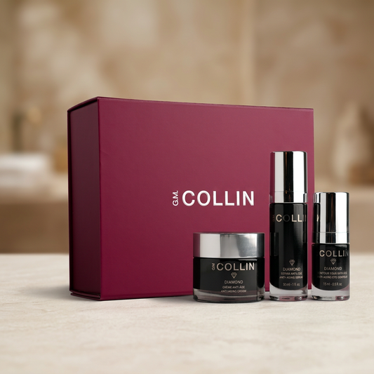 Coffret Diamond G.M. Collin avec boîte bordeaux, sérum 30 ml, crème 50 g et contour des yeux 15 ml sur fond ivoire — Spa Santé Le Nénuphar
