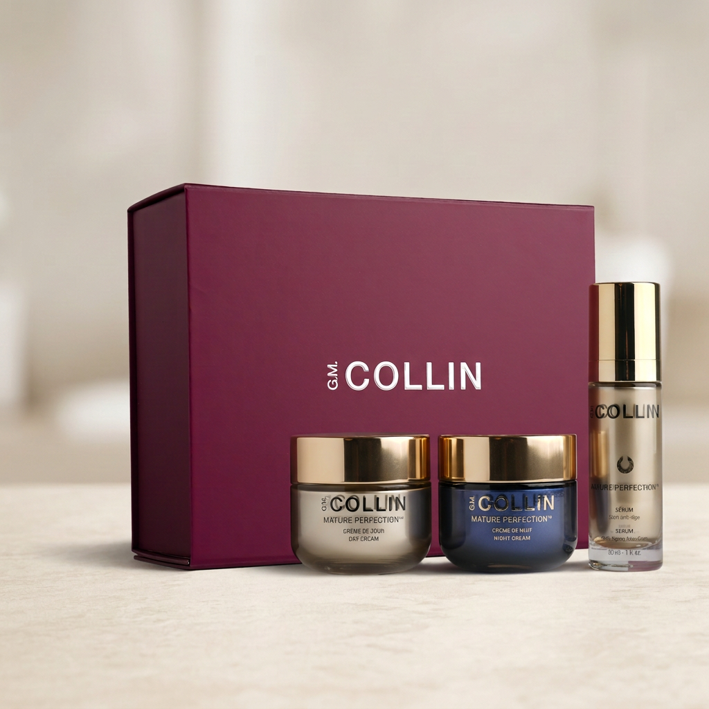 Coffret Mature Perfection G.M. Collin avec boîte bordeaux, sérum 30 ml et crèmes de jour et de nuit 50 g sur fond ivoire — Spa Santé Le Nénuphar