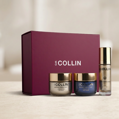 Coffret Mature Perfection G.M. Collin avec boîte bordeaux, sérum 30 ml et crèmes de jour et de nuit 50 g sur fond ivoire — Spa Santé Le Nénuphar