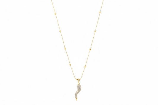 Collier Corno doré Caroline Néron — pendentif cornet porte-bonheur zirconium — Spa Santé Le Nénuphar