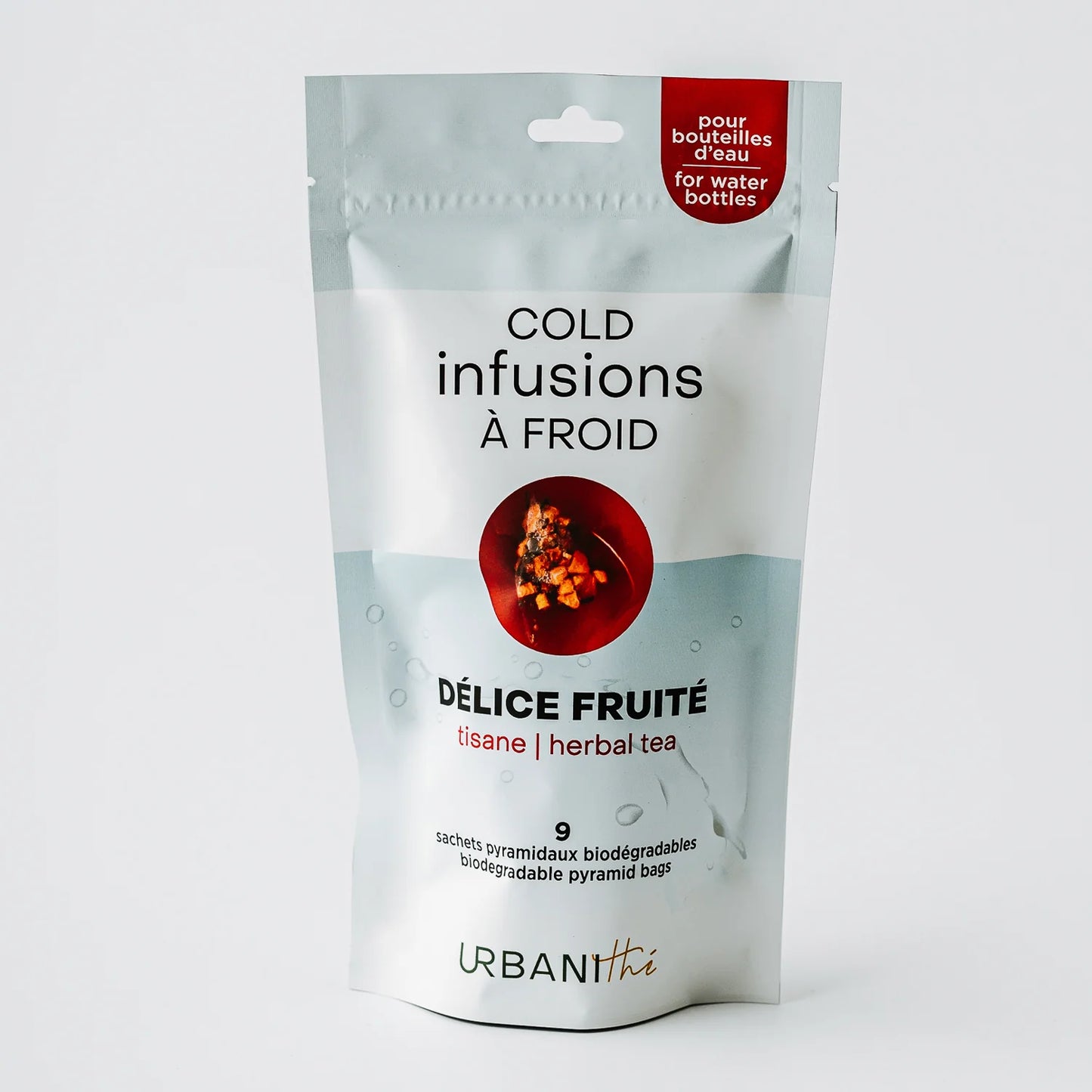 Emballage debout Délice Fruité Urbanithé Cold Infusions à Froid — 9 sachets pyramidaux biodégradables, fond blanc épuré