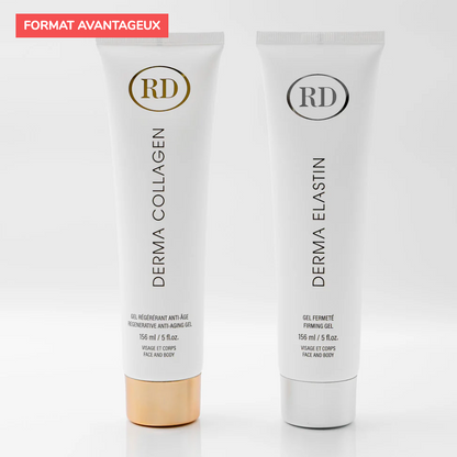 Duo RD Cosmetic Derma Collagène & Derma Elastin 156 ml — tubes et boîtes packaging doré et argenté visage et corps — Spa Santé Le Nénuphar