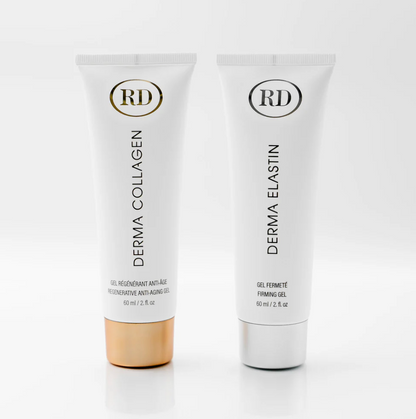 Duo RD Cosmetic Derma Collagène & Derma Elastin 60 ml — tubes et boîtes packaging doré et argenté sur fond blanc — Spa Santé Le Nénuphar