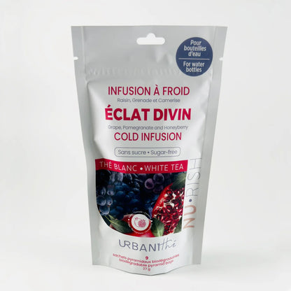 Emballage debout Éclat Divin Urbanithé x Nu•Rish — infusion à froid thé blanc grenade camerise 9 sachets 27g, fond blanc