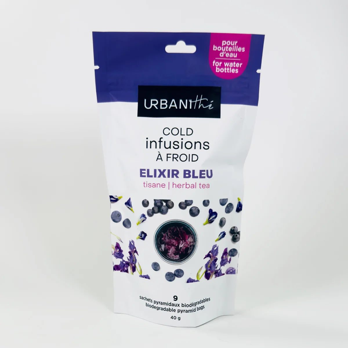 Emballage debout Elixir Bleu Urbanithé Cold Infusions À Froid — 9 sachets pyramidaux biodégradables bleuet hibiscus, fond blanc