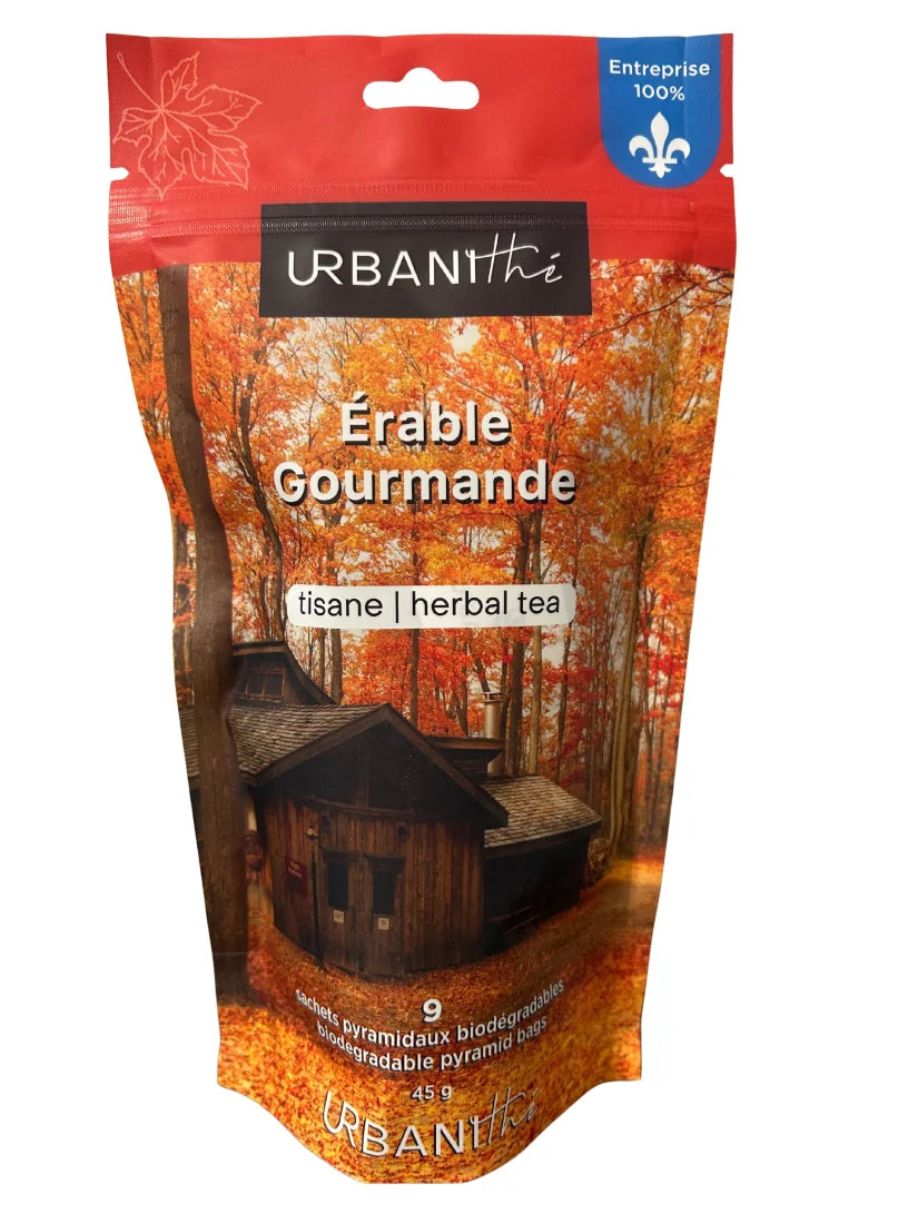 Emballage Urbanithé Érable Gourmande tisane herbal tea 9 sachets pyramidaux biodégradables 45g, cabane à sucre automne, entreprise 100% québécoise, fond blanc