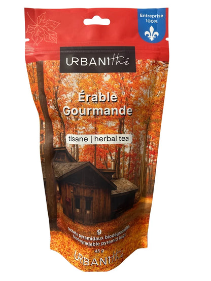 Emballage Urbanithé Érable Gourmande tisane herbal tea 9 sachets pyramidaux biodégradables 45g, cabane à sucre automne, entreprise 100% québécoise, fond blanc