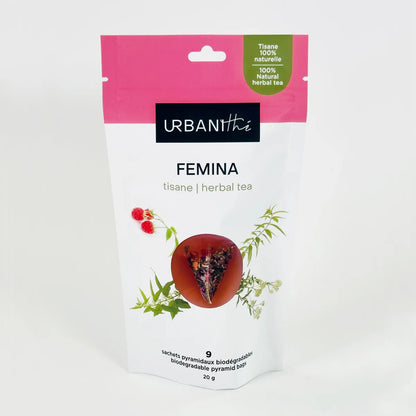 Emballage debout Femina Urbanithé tisane bien-être féminin sans théine 9 sachets pyramidaux 20g, fond blanc