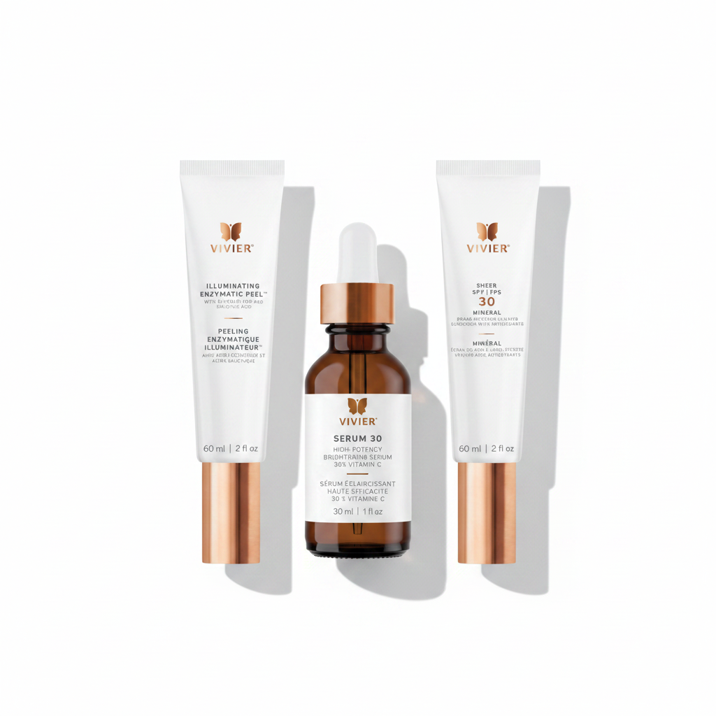 The Glow Up Bundle Vivier — Sérum 30, Peeling enzymatique illuminateur et Écran solaire SHEER FPS 30 minéral debout — Spa Santé Le Nénuphar