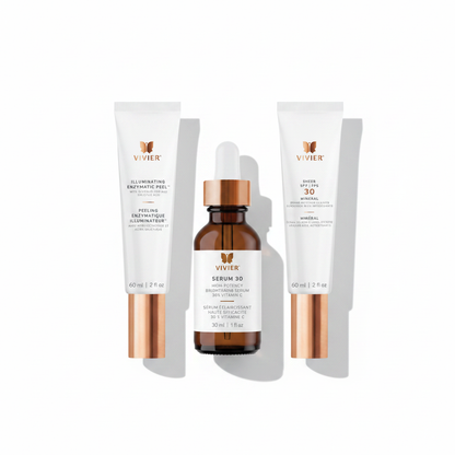 The Glow Up Bundle Vivier — Sérum 30, Peeling enzymatique illuminateur et Écran solaire SHEER FPS 30 minéral debout — Spa Santé Le Nénuphar