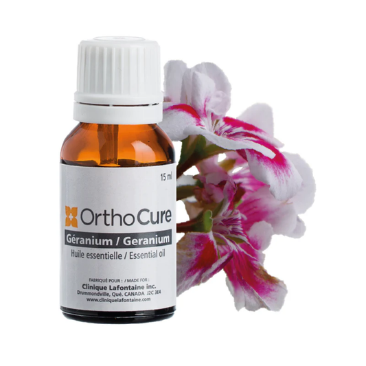 Huile essentielle de géranium 15 ml OrthoCure — cicatrisante et tonifiante — Spa Santé Le Nénuphar