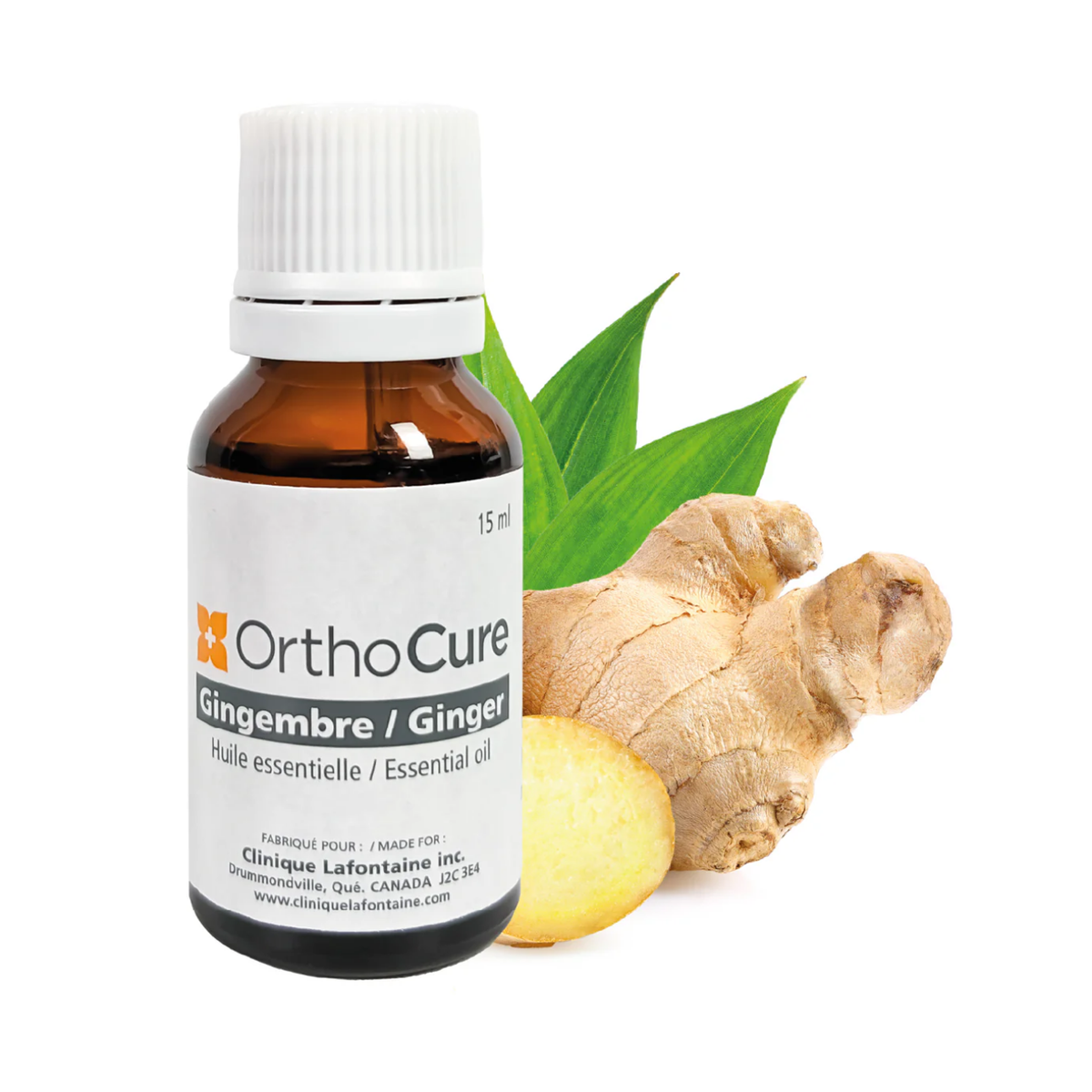 Huile essentielle de gingembre 15 ml OrthoCure — décongestionnant lymphatique et antidouleur — Spa Santé Le Nénuphar
