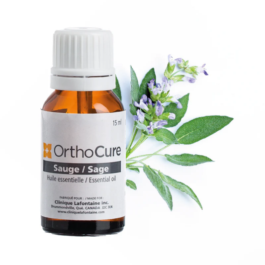 Huile essentielle de sauge 15 ml OrthoCure — équilibrante hormonale et antiseptique — Spa Santé Le Nénuphar