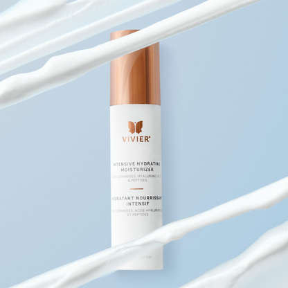 Hydratant nourrissant intensif Vivier, flacon entouré de sa texture crémeuse aux céramides et à l’acide hyaluronique — Spa Santé Le Nénuphar