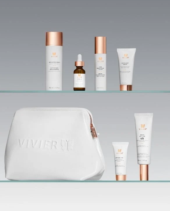 Programme éclaircir et rétablir sans HQ Vivier — Nettoyant Médicamenté, Sérum 30, Crème Éclaircissante, Exfoliant Forte, Rétinol 1,0% et Écran Solaire FPS 45 avec sac Vivier
