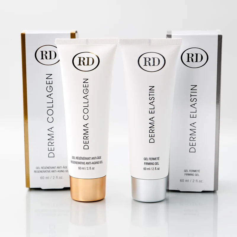 Duo RD Cosmetic Derma Collagène & Derma Elastin 60 ml — tubes et boîtes packaging doré et argenté — Spa Santé Le Nénuphar