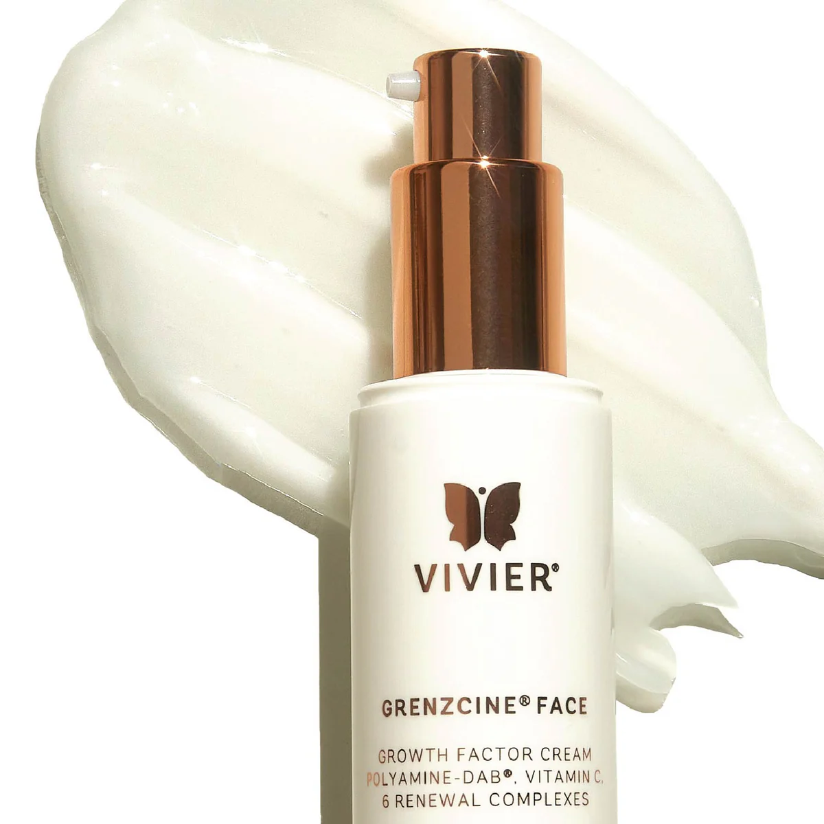 Crème visage GrenzCine Vivier avec texture — flacon pompe or rosé et formule Polyamine-DAB vitamine C 6 complexes