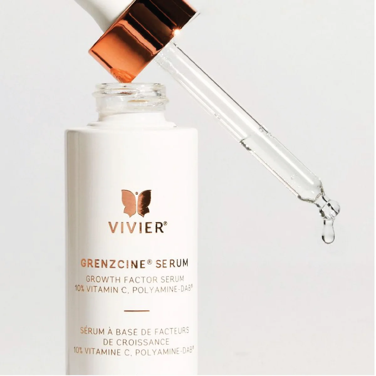 Flacon GrenzCine Serum Vivier ouvert avec pipette — sérum à base de facteurs de croissance 10% vitamine C Polyamine-DAB