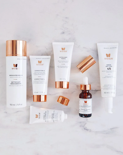 Programme éclaircir et rétablir 2% HQ Vivier — Nettoyant Médicamenté, Correcteur 2, Sérum Éclaircissant Avancé, Exfoliant Forte, Rétinol et Écran Solaire FPS 45