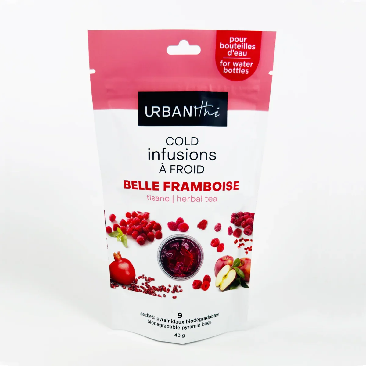 Urbanithé Cold Infusion à Froid Belle Framboise — sachet 40g, 9 sachets pyramidaux biodégradables pour bouteilles d'eau