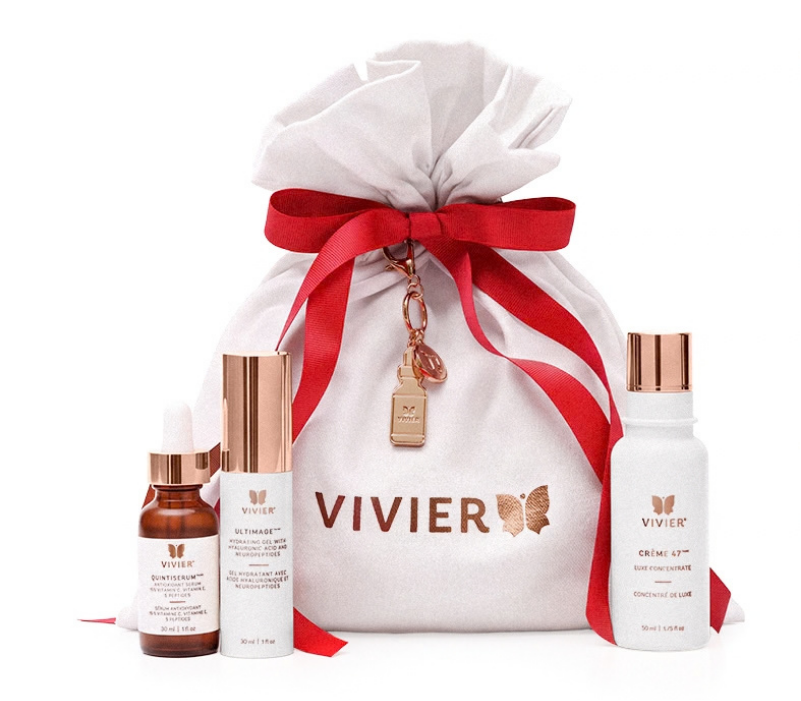 Ensemble cadeau Puissance peptides Vivier avec Crème 47MC, QuintiSerumMC et UltimageMC dans une pochette blanche à ruban rouge, Spa Santé Le Nénuphar