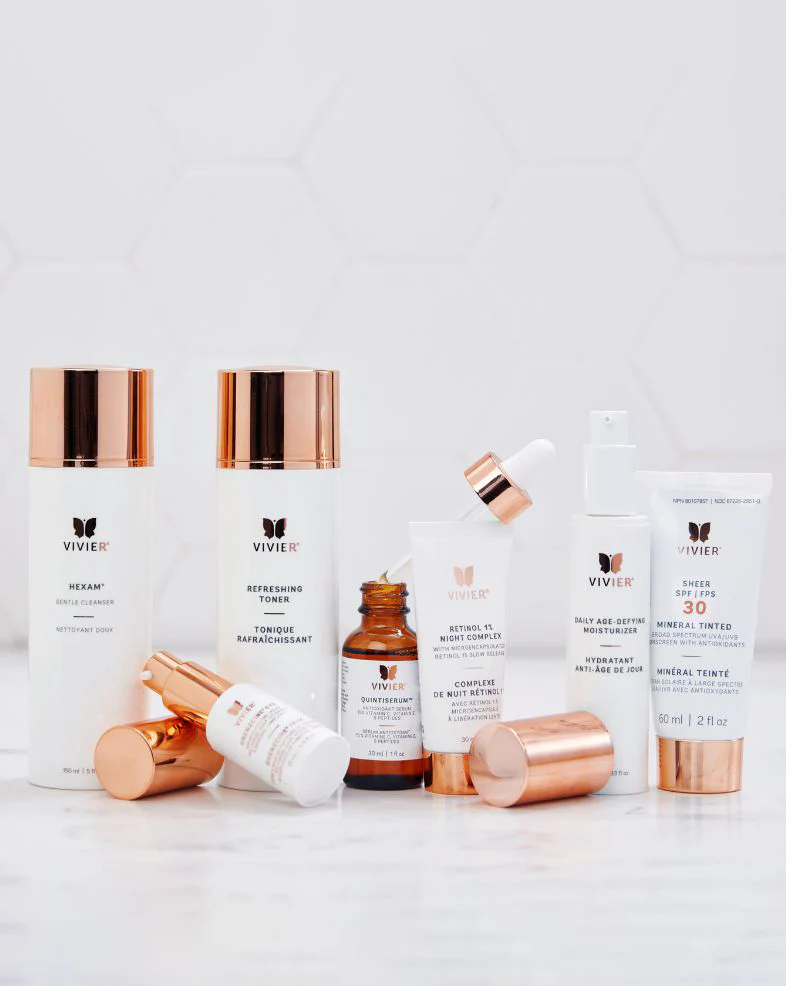 Programme anti-âge avancé Vivier — Hexam, Tonique Rafraîchissant, QuintiSerum, Rétinol 1,0%, Hydratant Anti-Âge et Écran Solaire FPS 30 minéral teinté