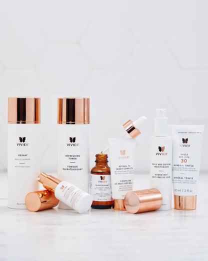 Programme anti-âge avancé Vivier — Hexam, Tonique Rafraîchissant, QuintiSerum, Rétinol 1,0%, Hydratant Anti-Âge et Écran Solaire FPS 30 minéral teinté