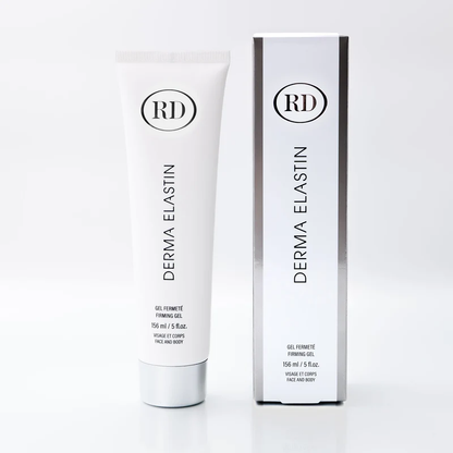 Derma Elastin 156 ml RD Cosmetic — tube et boîte packaging argenté gel fermeté visage et corps — Spa Santé Le Nénuphar