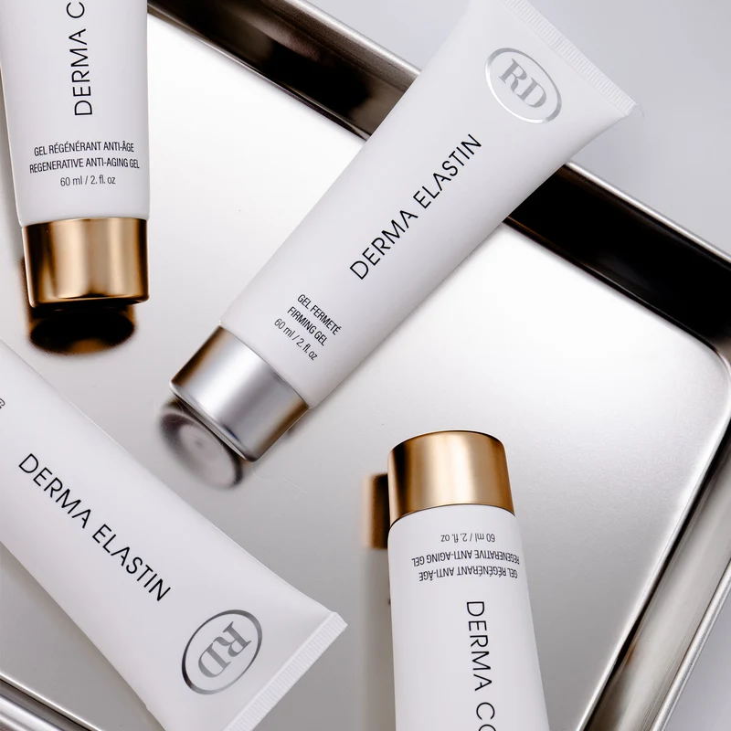Duo RD Cosmetic Derma Collagène & Derma Elastin 60 ml — mise en scène plateau argenté — gel anti-âge et fermeté — Spa Santé Le Nénuphar