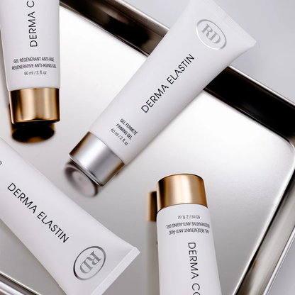 Duo RD Cosmetic Derma Collagène & Derma Elastin 60 ml — mise en scène plateau argenté — gel anti-âge et fermeté — Spa Santé Le Nénuphar