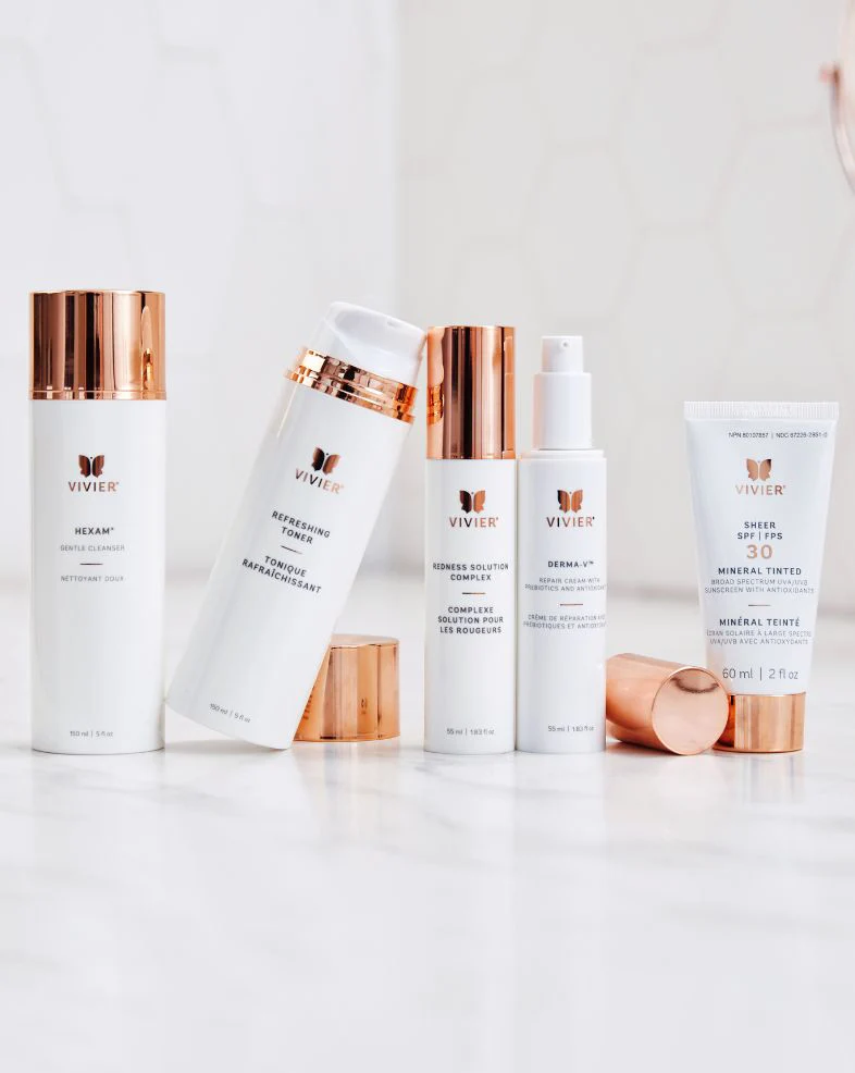 Programme peau sensible Vivier — Hexam, Tonique Rafraîchissant, Complexe Solution pour les Rougeurs, Derma-V et Écran Solaire FPS 30 minéral teinté