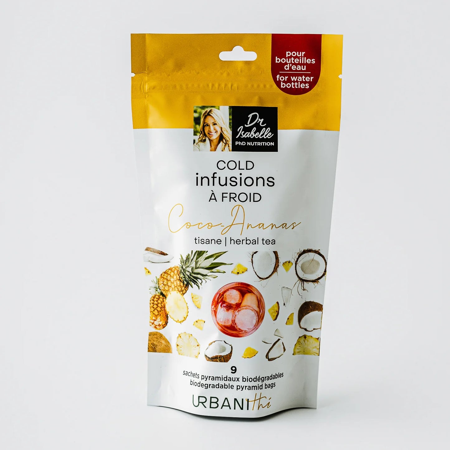 Emballage Infusion à Froid Coco-Ananas Urbanithé x Dr Isabelle Huot — 9 sachets pyramidaux biodégradables pour bouteilles d’eau